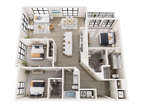 A top-down view of a modern apartment layout with a kitchen, living room, and bedrooms.
